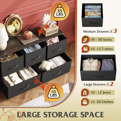 Wide Dresser for Bedroom, 5 Drawer Chest of Drawers, Dark Grey