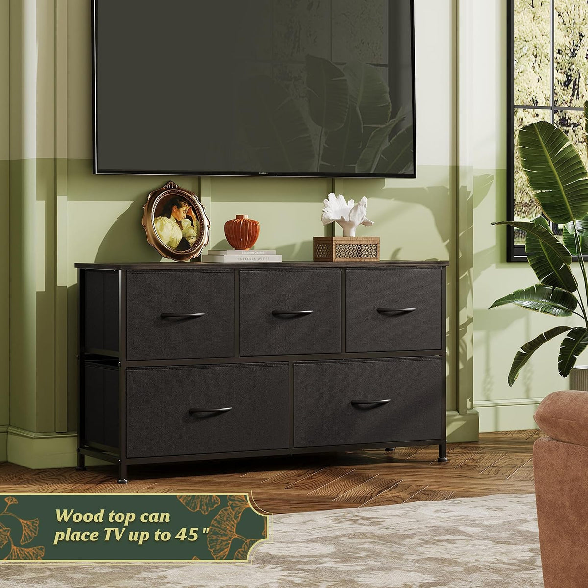 Wide Dresser for Bedroom, 5 Drawer Chest of Drawers, Dark Grey