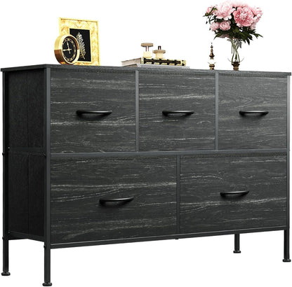 Wide Dresser for Bedroom, 5 Drawer Chest of Drawers, Dark Grey