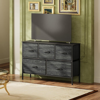 Wide Dresser for Bedroom, 5 Drawer Chest of Drawers, Dark Grey