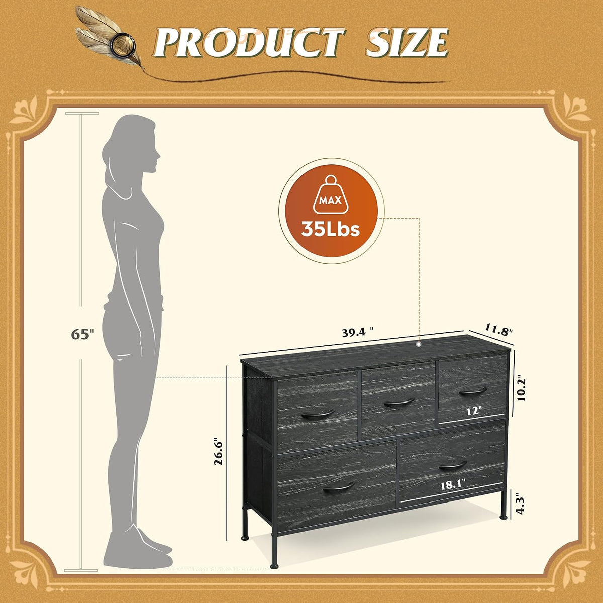 Wide Dresser for Bedroom, 5 Drawer Chest of Drawers, Dark Grey