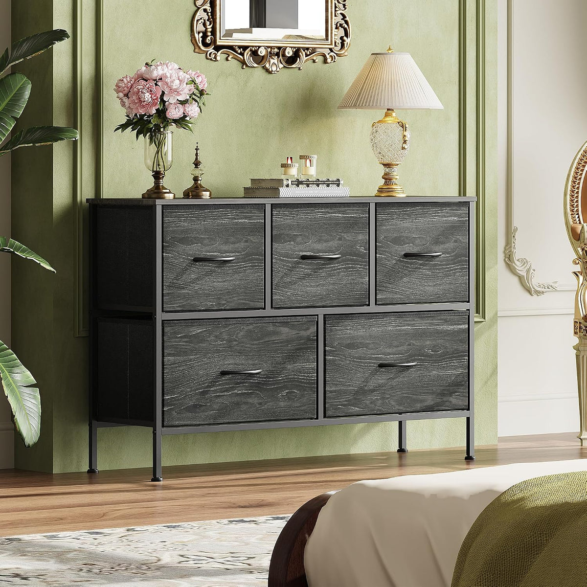 Wide Dresser for Bedroom, 5 Drawer Chest of Drawers, Dark Grey