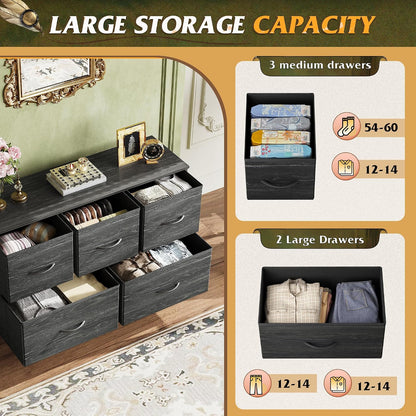 Wide Dresser for Bedroom, 5 Drawer Chest of Drawers, Dark Grey
