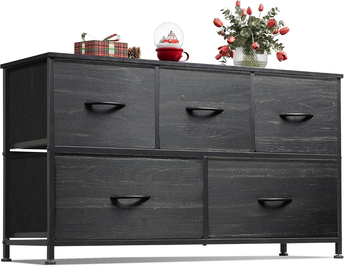 Wide Dresser for Bedroom, 5 Drawer Chest of Drawers, Dark Grey