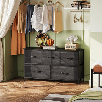 Wide Dresser for Bedroom, 5 Drawer Chest of Drawers, Dark Grey