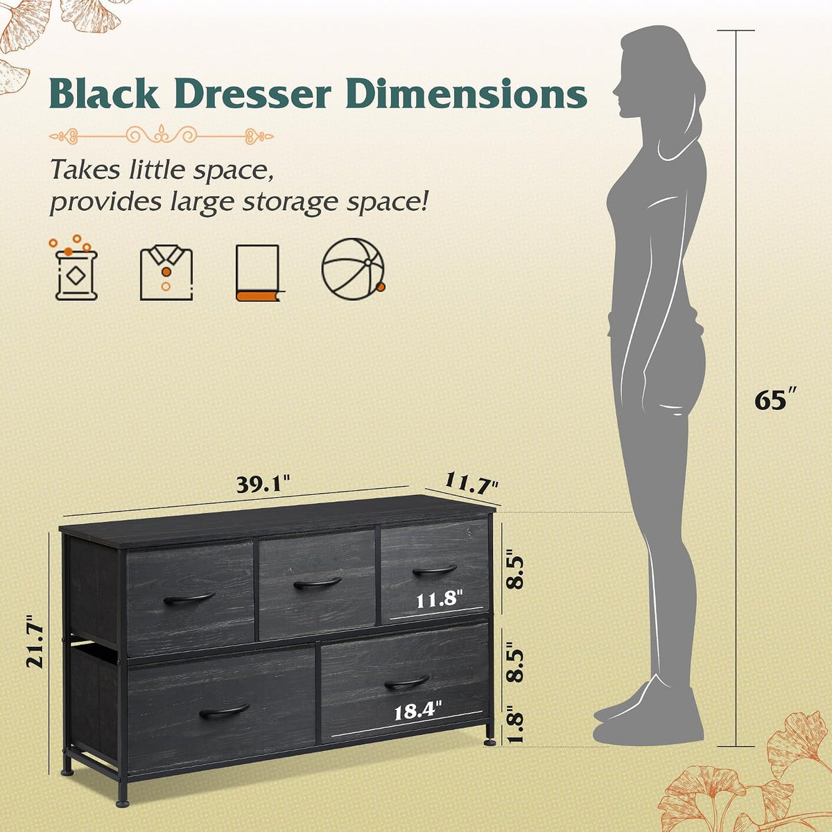 Wide Dresser for Bedroom, 5 Drawer Chest of Drawers, Dark Grey