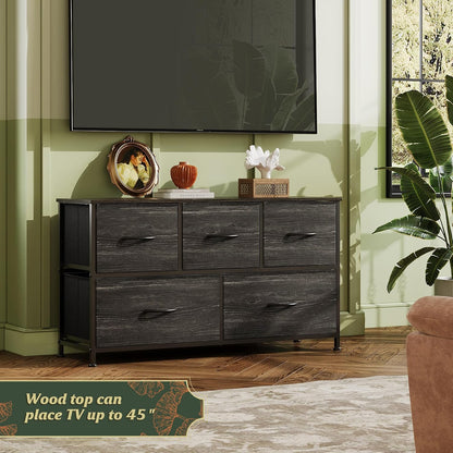Wide Dresser for Bedroom, 5 Drawer Chest of Drawers, Dark Grey