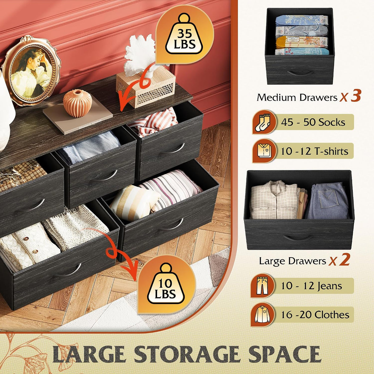Wide Dresser for Bedroom, 5 Drawer Chest of Drawers, Dark Grey