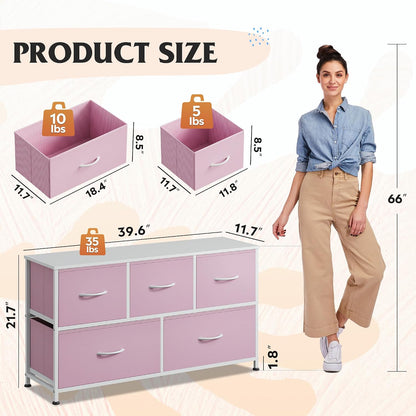 Wide Dresser for Bedroom, 5 Drawer Chest of Drawers, Dark Grey