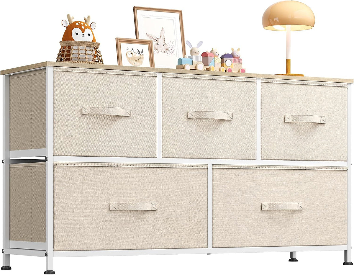 Wide Dresser for Bedroom, 5 Drawer Chest of Drawers, Dark Grey