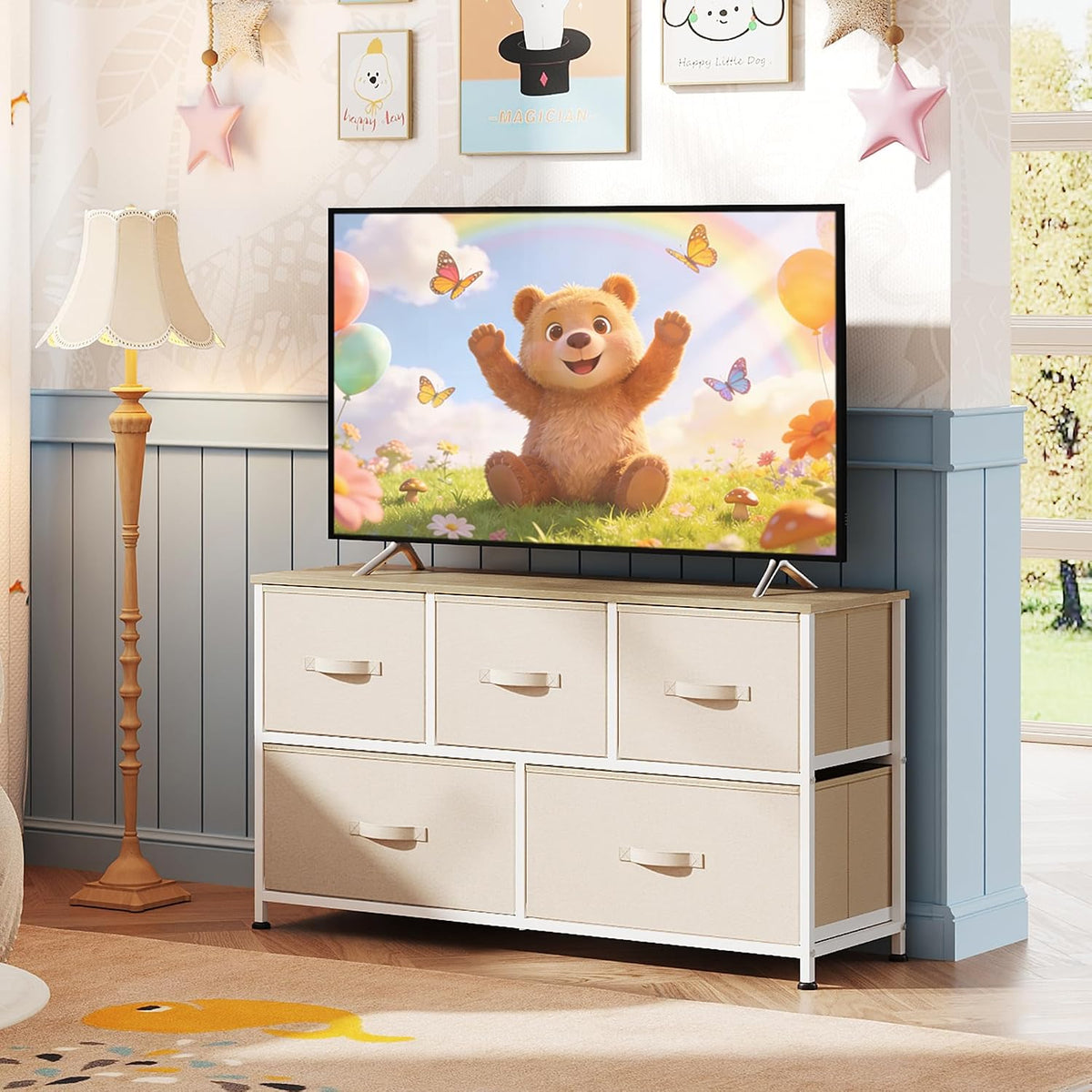 Wide Dresser for Bedroom, 5 Drawer Chest of Drawers, Dark Grey