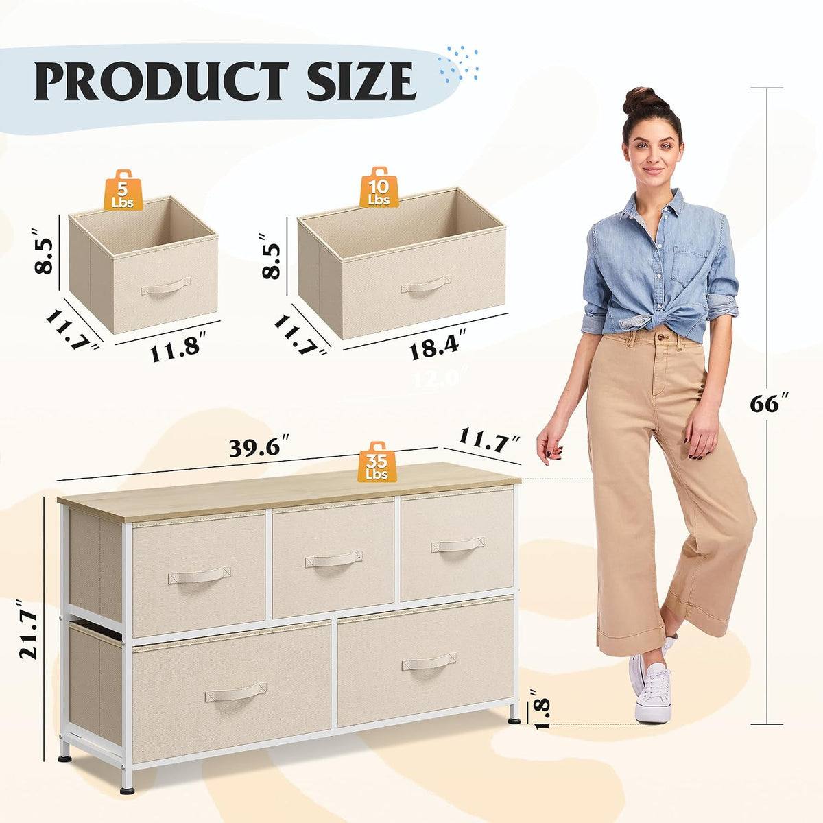 Wide Dresser for Bedroom, 5 Drawer Chest of Drawers, Dark Grey