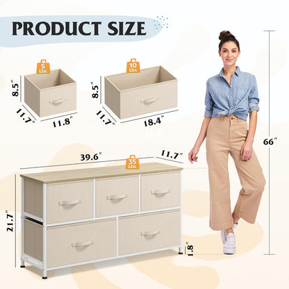 Wide Dresser for Bedroom, 5 Drawer Chest of Drawers, Dark Grey