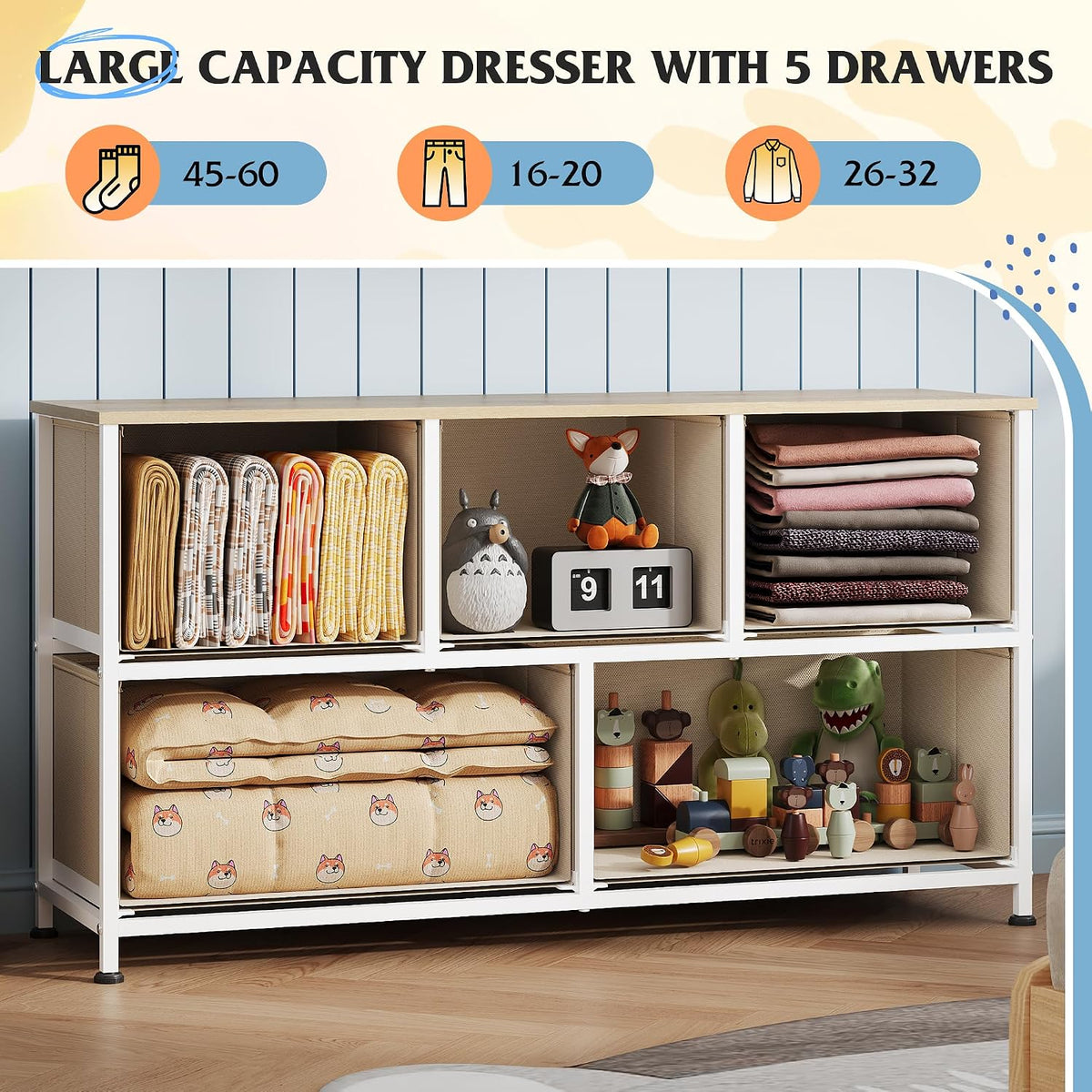 Wide Dresser for Bedroom, 5 Drawer Chest of Drawers, Dark Grey