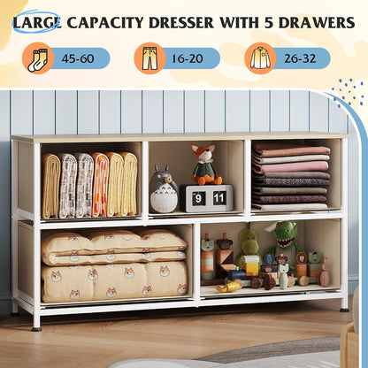 Wide Dresser for Bedroom, 5 Drawer Chest of Drawers, Dark Grey