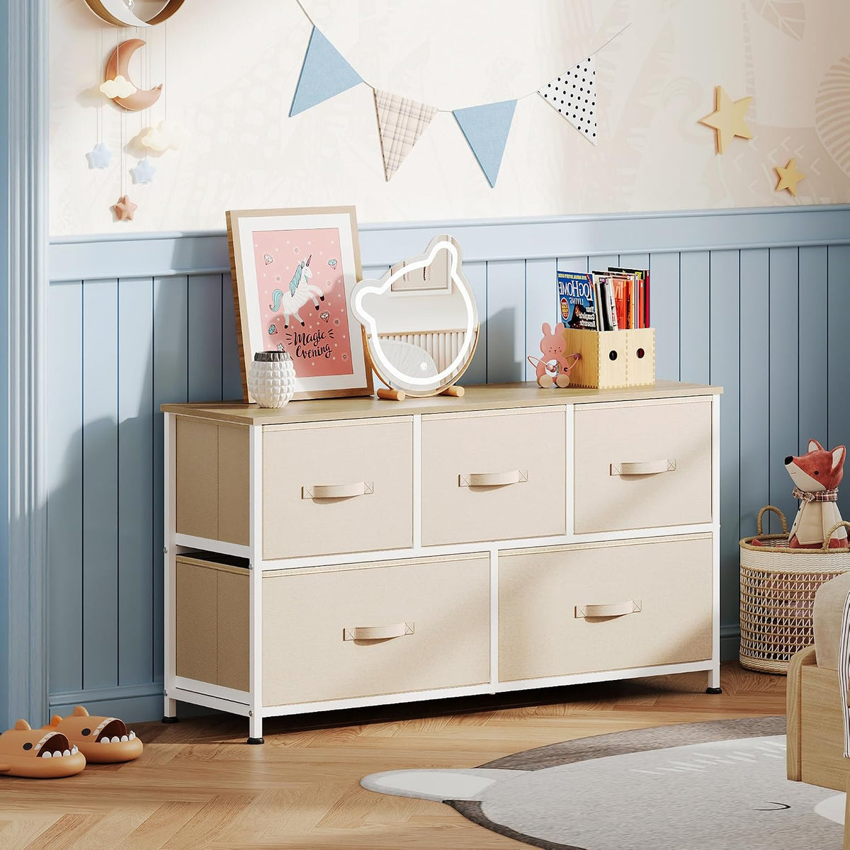 Wide Dresser for Bedroom, 5 Drawer Chest of Drawers, Dark Grey