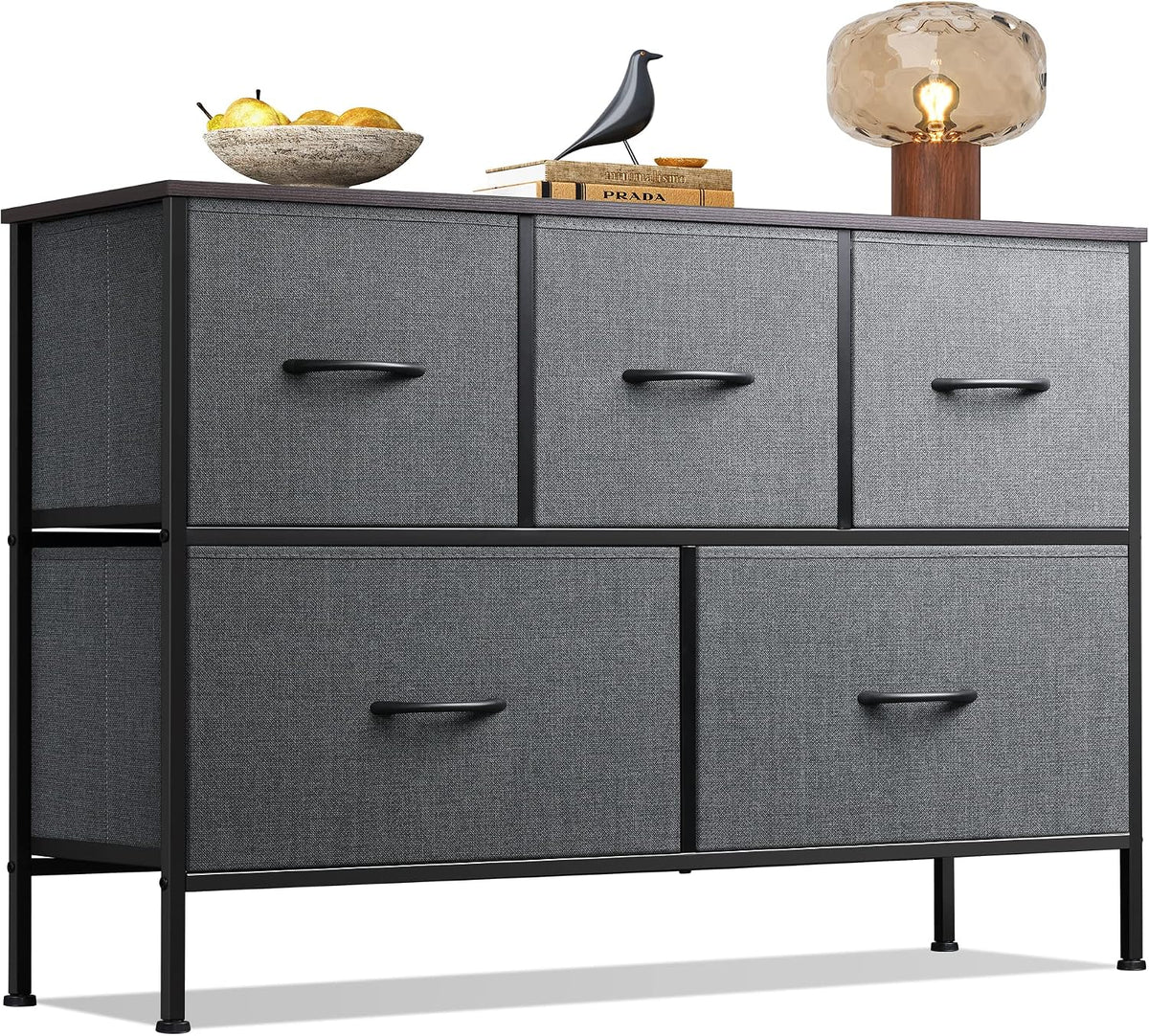 Wide Dresser for Bedroom, 5 Drawer Chest of Drawers, Dark Grey