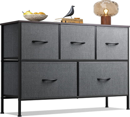 Wide Dresser for Bedroom, 5 Drawer Chest of Drawers, Dark Grey
