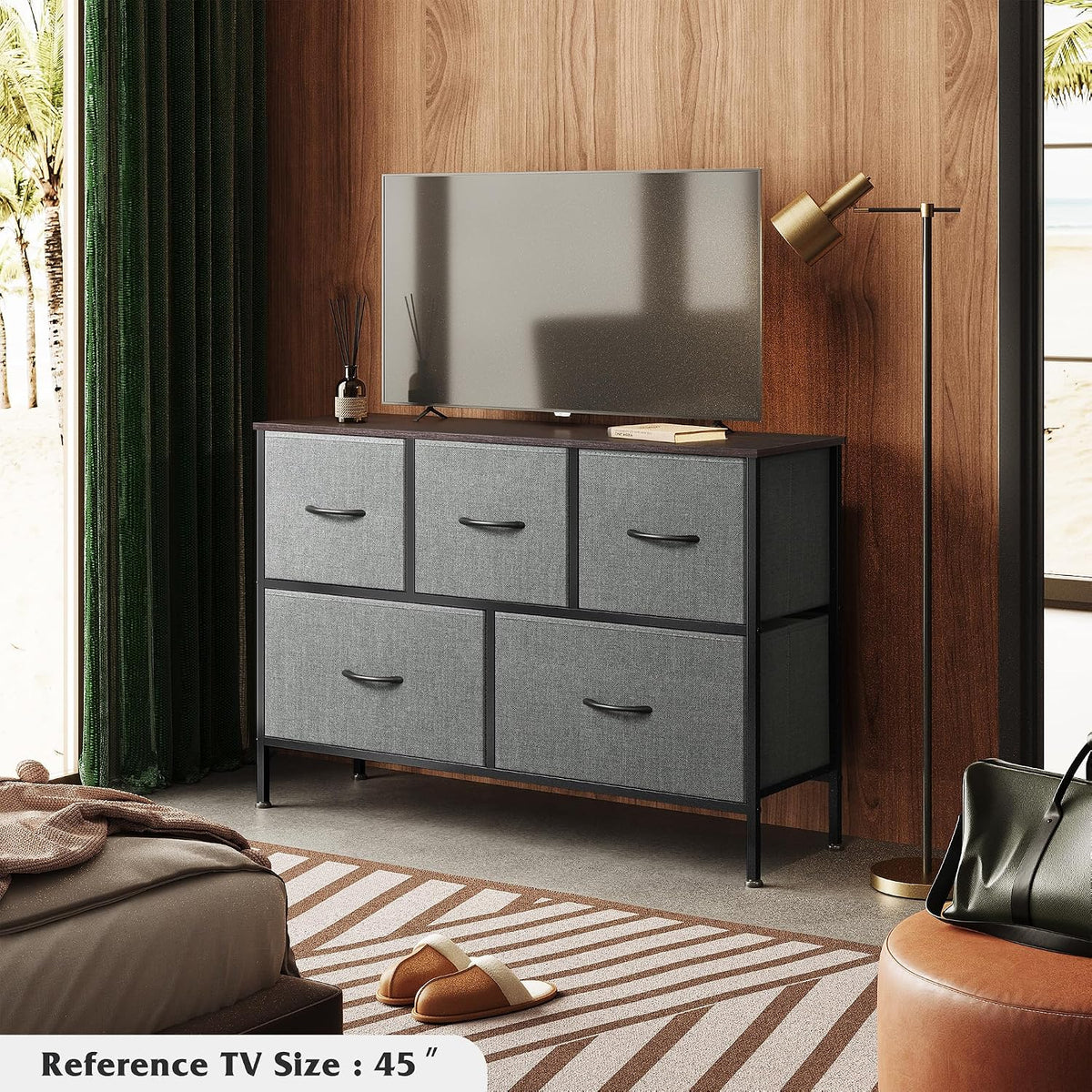 Wide Dresser for Bedroom, 5 Drawer Chest of Drawers, Dark Grey