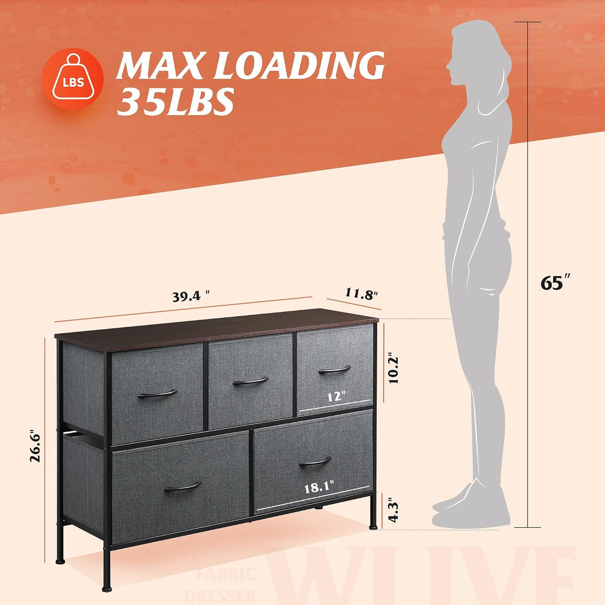 Wide Dresser for Bedroom, 5 Drawer Chest of Drawers, Dark Grey
