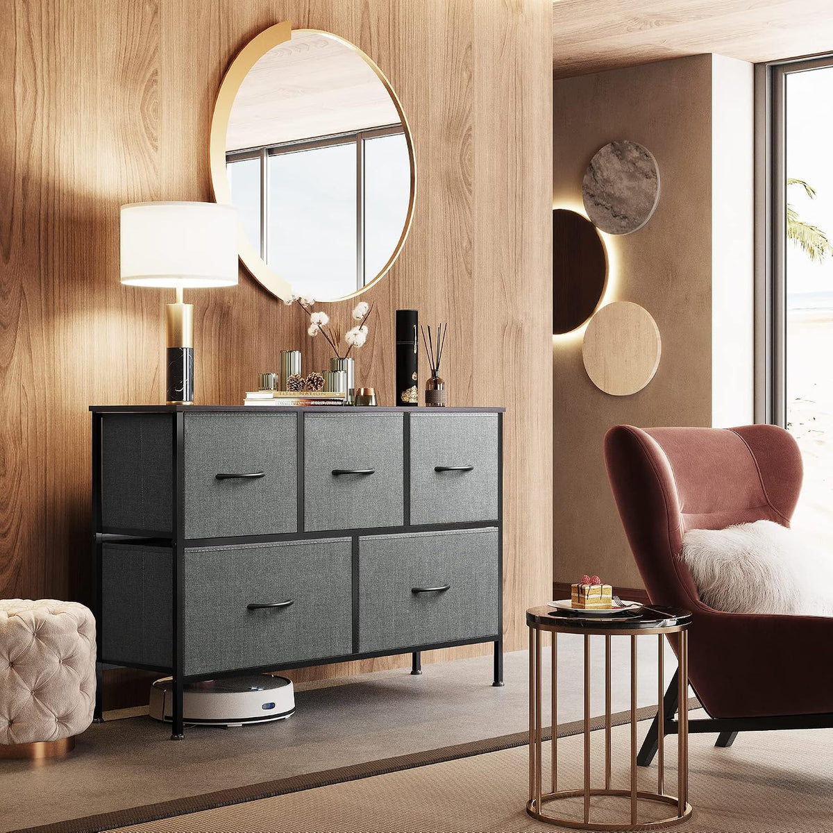 Wide Dresser for Bedroom, 5 Drawer Chest of Drawers, Dark Grey