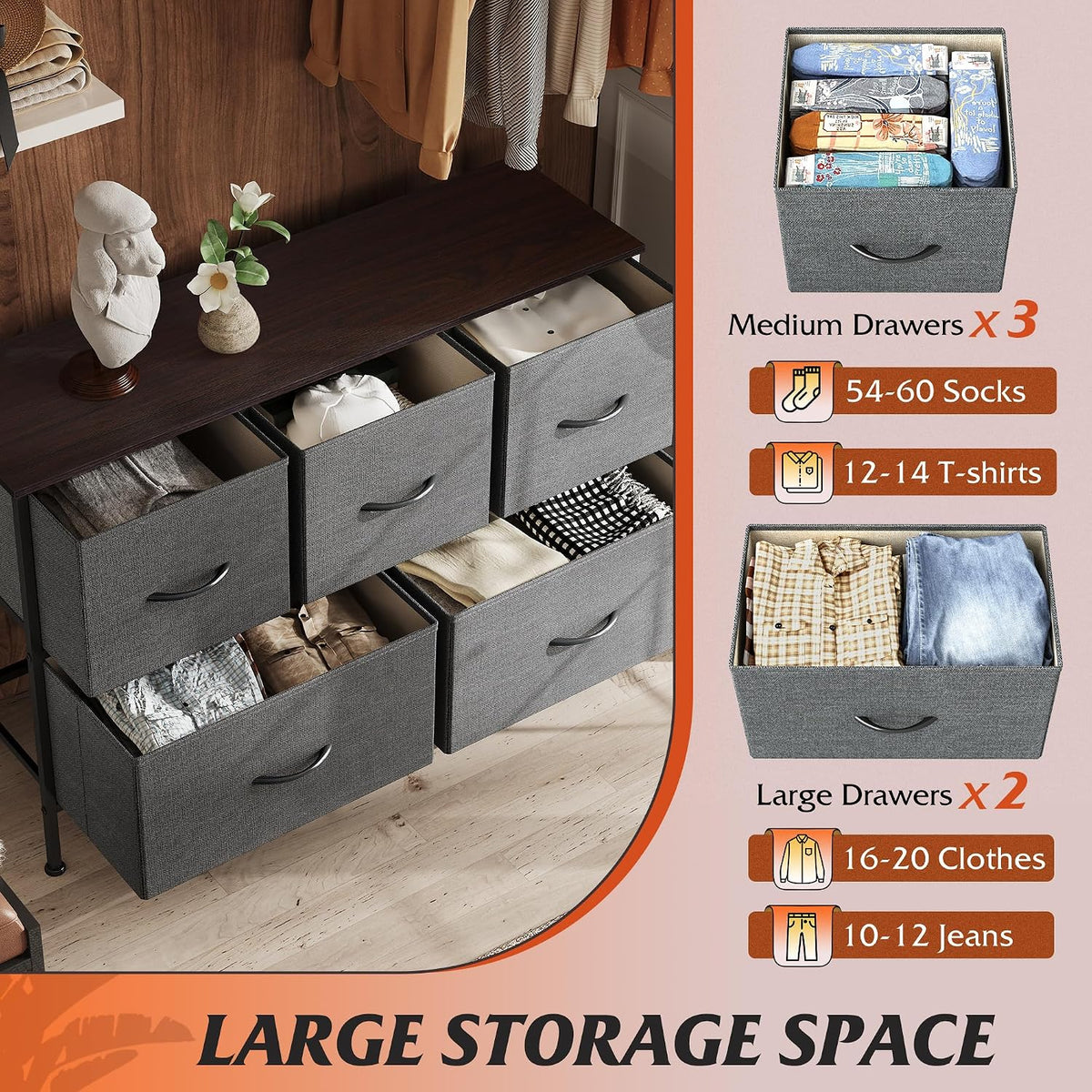 Wide Dresser for Bedroom, 5 Drawer Chest of Drawers, Dark Grey