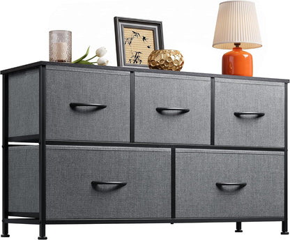 Wide Dresser for Bedroom, 5 Drawer Chest of Drawers, Dark Grey