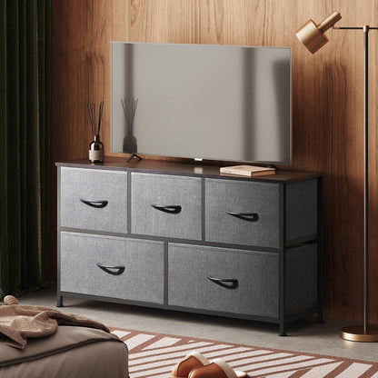 Wide Dresser for Bedroom, 5 Drawer Chest of Drawers, Dark Grey
