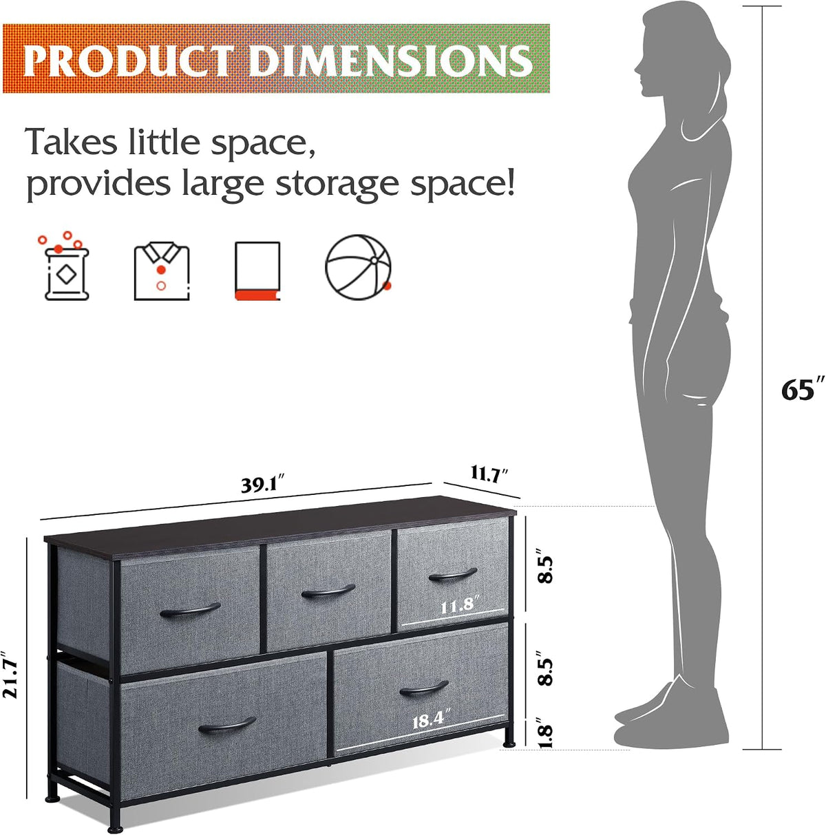 Wide Dresser for Bedroom, 5 Drawer Chest of Drawers, Dark Grey