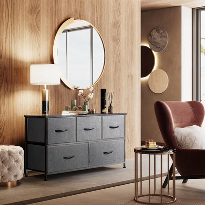 Wide Dresser for Bedroom, 5 Drawer Chest of Drawers, Dark Grey