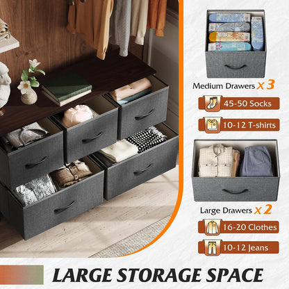 Wide Dresser for Bedroom, 5 Drawer Chest of Drawers, Dark Grey