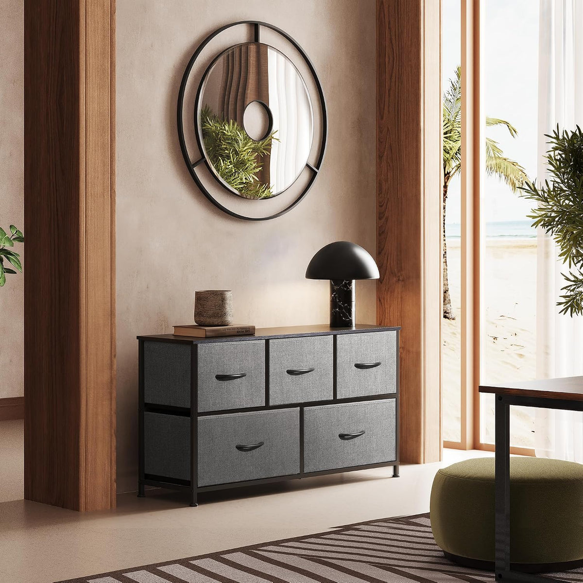 Wide Dresser for Bedroom, 5 Drawer Chest of Drawers, Dark Grey