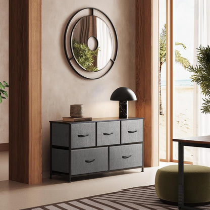 Wide Dresser for Bedroom, 5 Drawer Chest of Drawers, Dark Grey