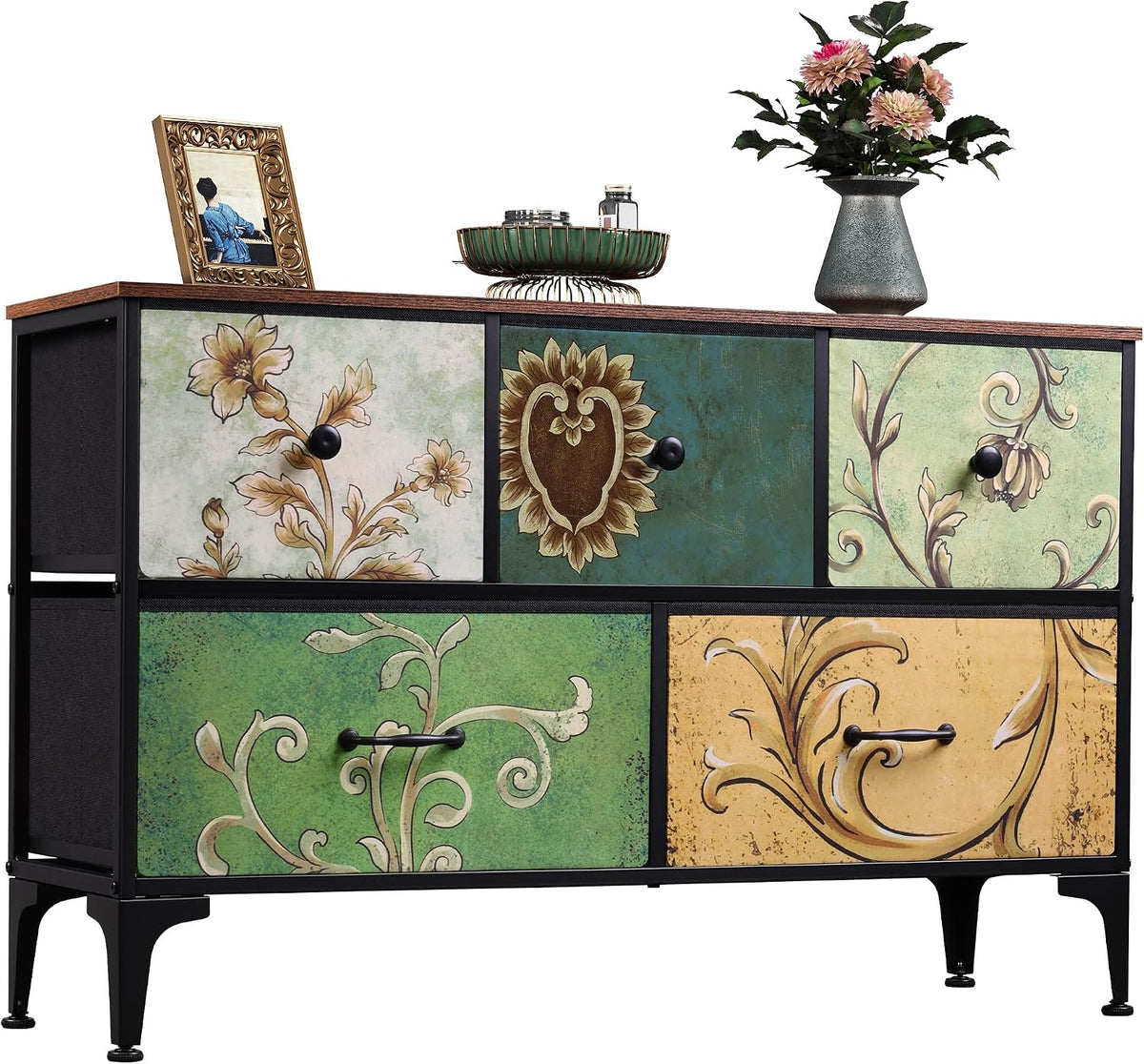 Wide Dresser for Bedroom, 5 Drawer Chest of Drawers, Dark Grey