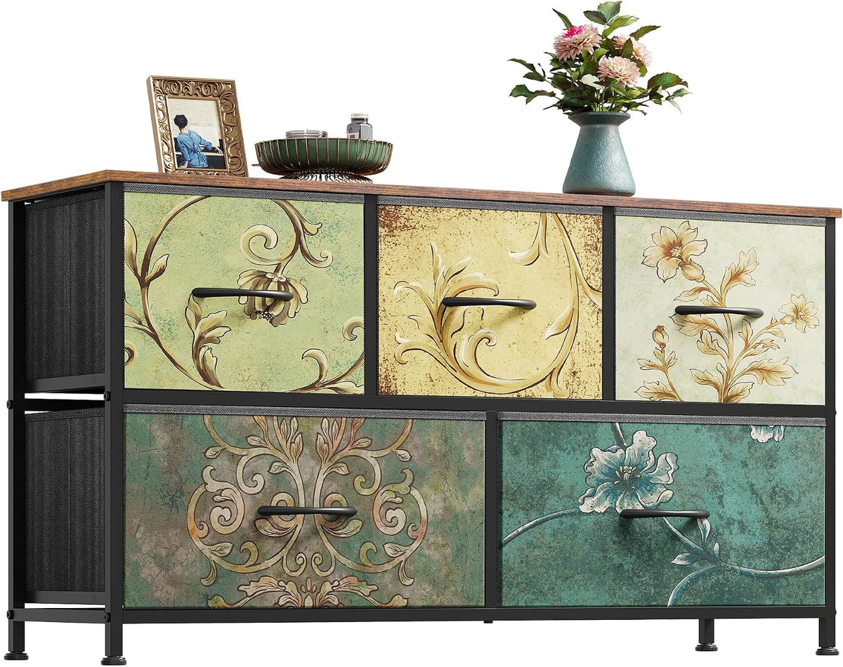 Wide Dresser for Bedroom, 5 Drawer Chest of Drawers, Dark Grey