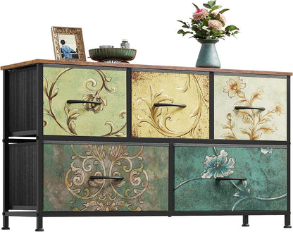 Wide Dresser for Bedroom, 5 Drawer Chest of Drawers, Dark Grey