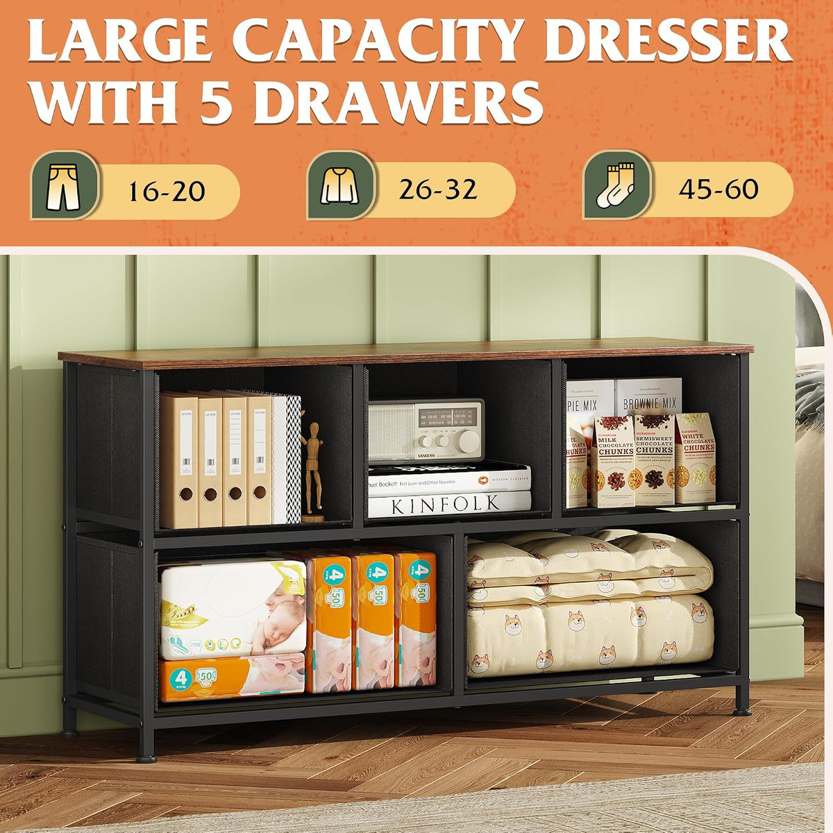 Wide Dresser for Bedroom, 5 Drawer Chest of Drawers, Dark Grey