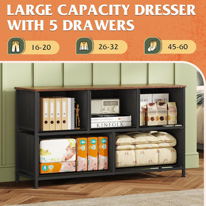 Wide Dresser for Bedroom, 5 Drawer Chest of Drawers, Dark Grey