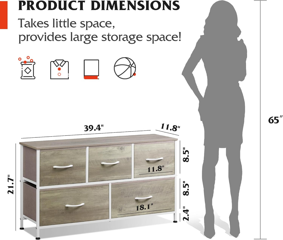 Wide Dresser for Bedroom, 5 Drawer Chest of Drawers, Dark Grey