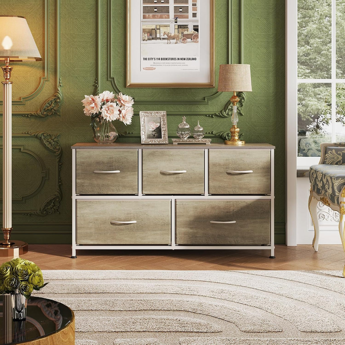 Wide Dresser for Bedroom, 5 Drawer Chest of Drawers, Dark Grey