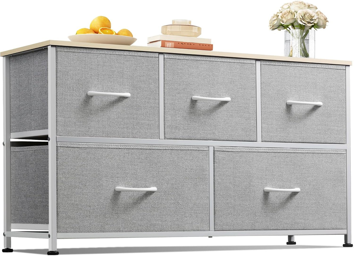 Wide Dresser for Bedroom, 5 Drawer Chest of Drawers, Dark Grey