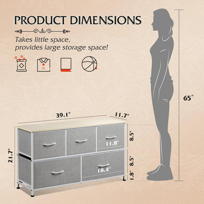 Wide Dresser for Bedroom, 5 Drawer Chest of Drawers, Dark Grey