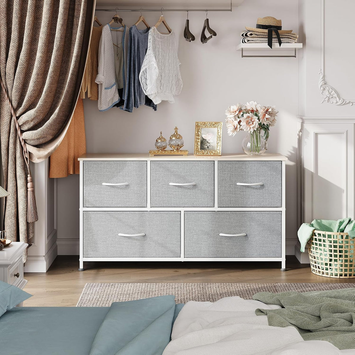 Wide Dresser for Bedroom, 5 Drawer Chest of Drawers, Dark Grey
