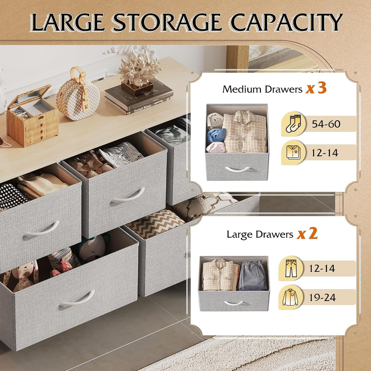Wide Dresser for Bedroom, 5 Drawer Chest of Drawers, Dark Grey