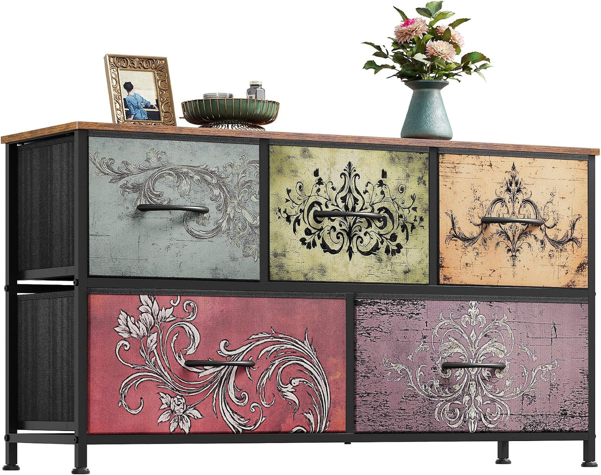 Wide Dresser for Bedroom, 5 Drawer Chest of Drawers, Dark Grey