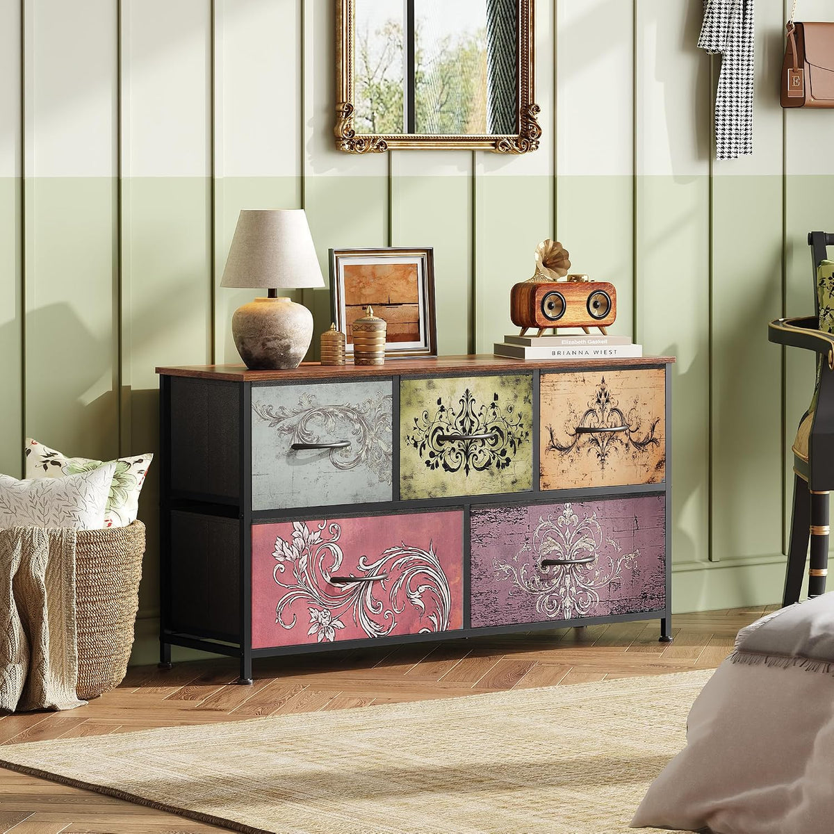 Wide Dresser for Bedroom, 5 Drawer Chest of Drawers, Dark Grey