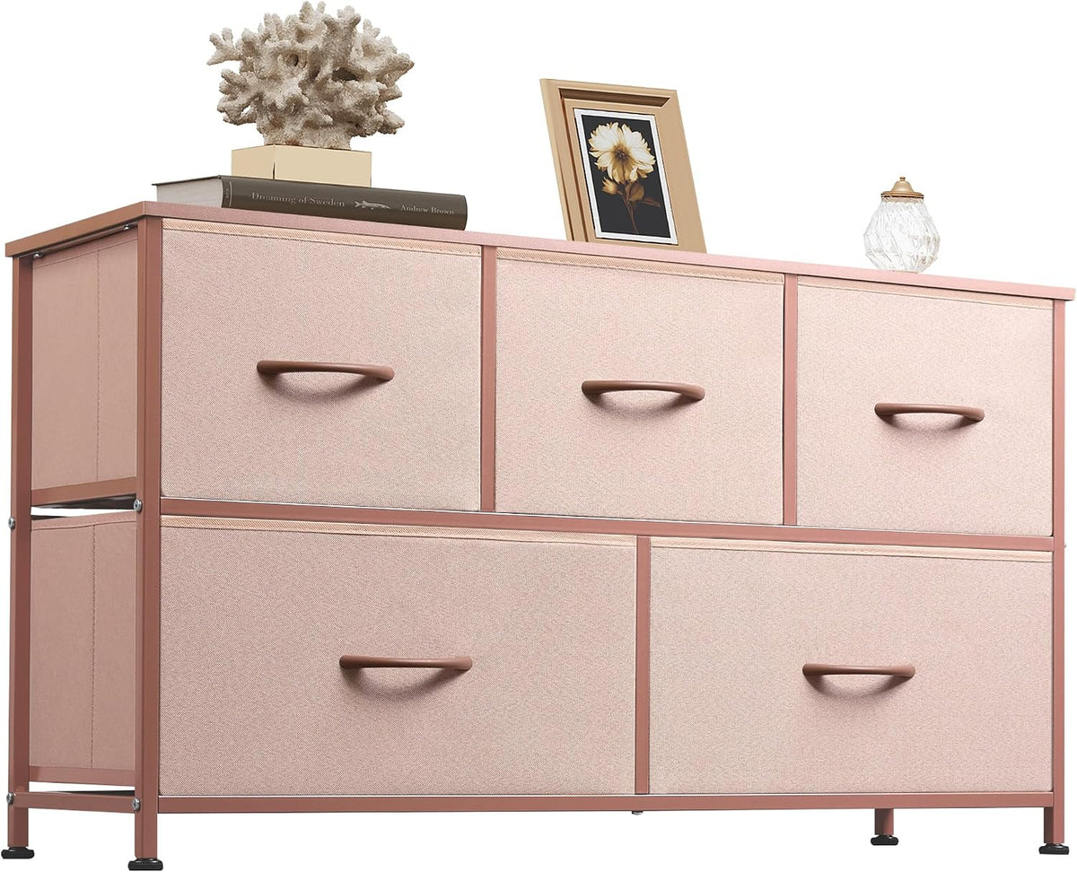 Wide Dresser for Bedroom, 5 Drawer Chest of Drawers, Dark Grey