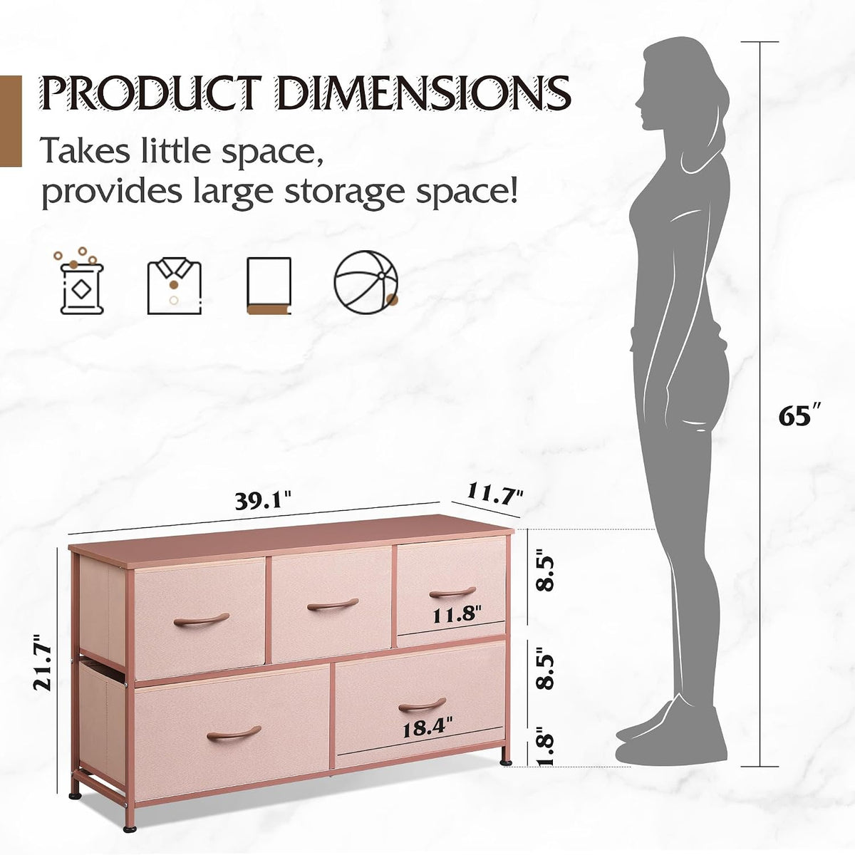 Wide Dresser for Bedroom, 5 Drawer Chest of Drawers, Dark Grey