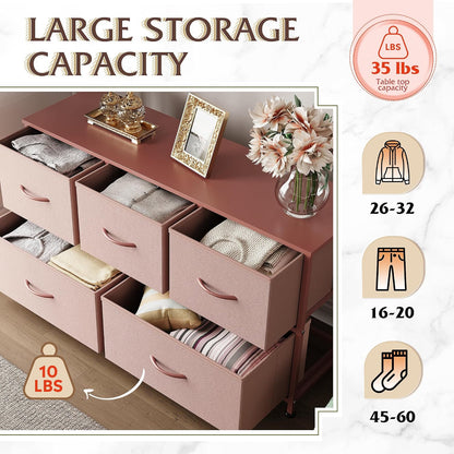 Wide Dresser for Bedroom, 5 Drawer Chest of Drawers, Dark Grey