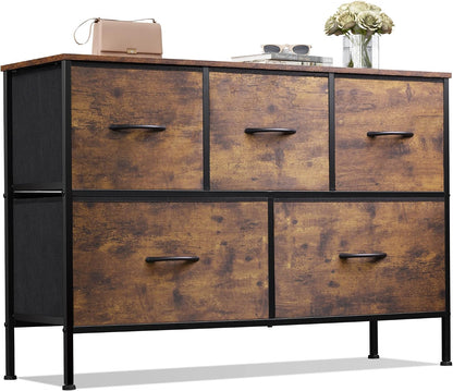 Wide Dresser for Bedroom, 5 Drawer Chest of Drawers, Dark Grey